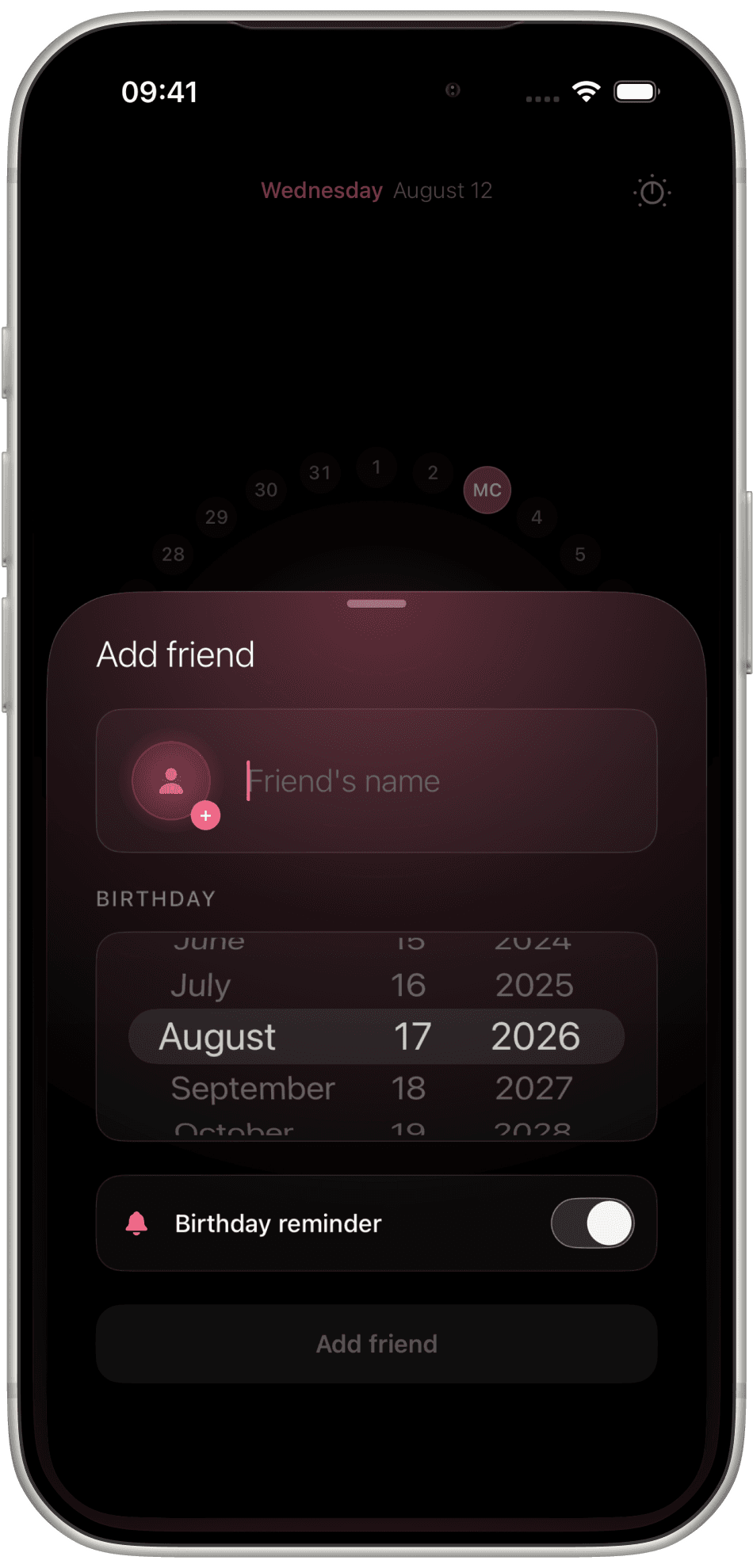 Calendro Add friend sheet with a name field, birthday picker, and reminder toggle