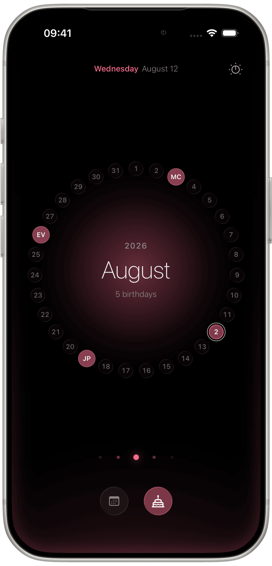 Calendro birthday ring with friends' initials on their dates and 5 birthdays this month