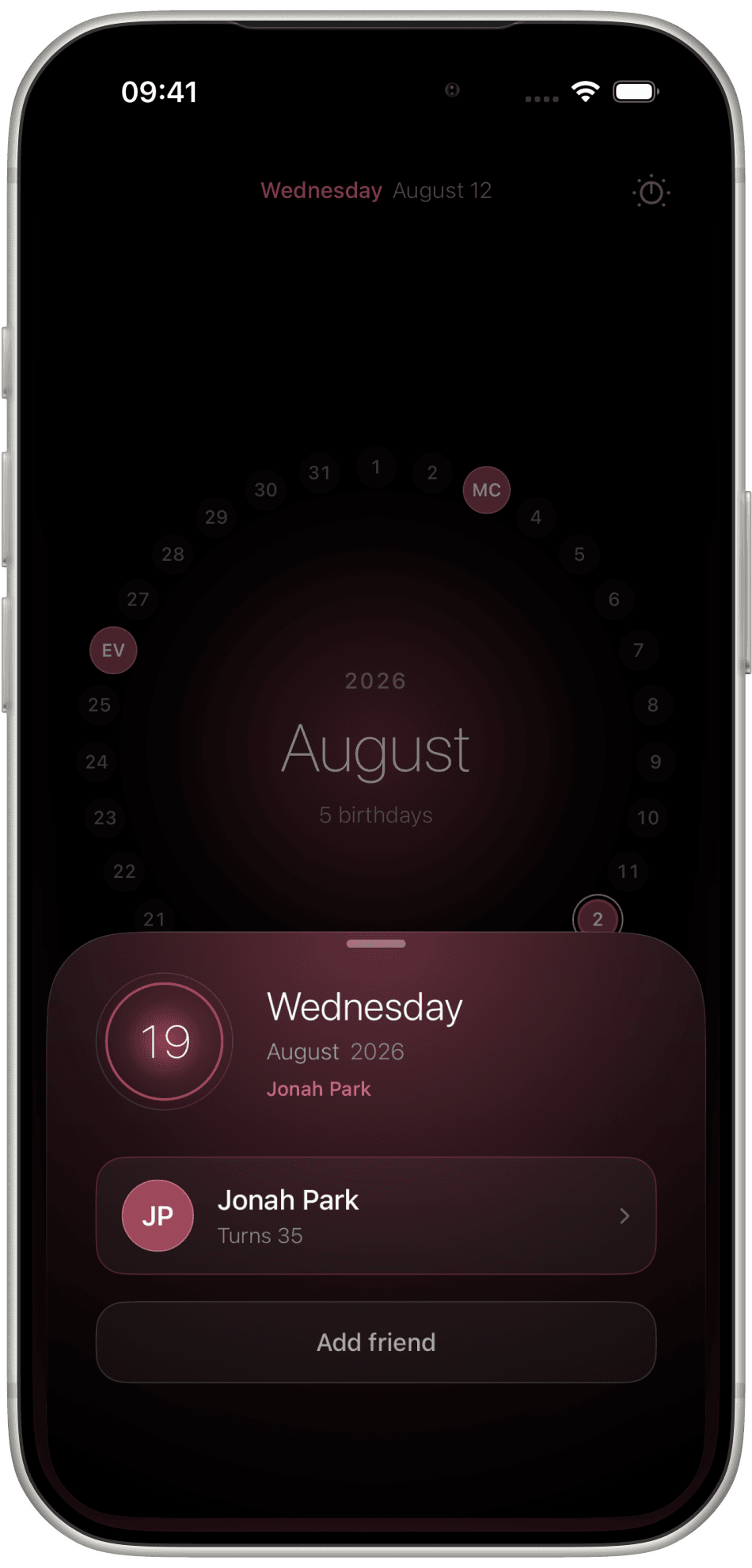Calendro day sheet showing Jonah Park turning 35 on 19 August