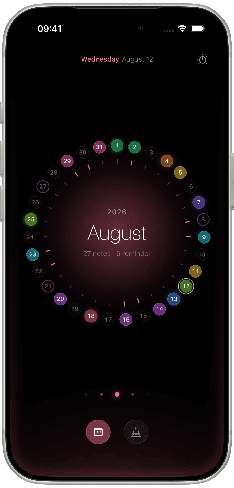 Calendro month ring for August 2026 with coloured days and 27 notes in the centre