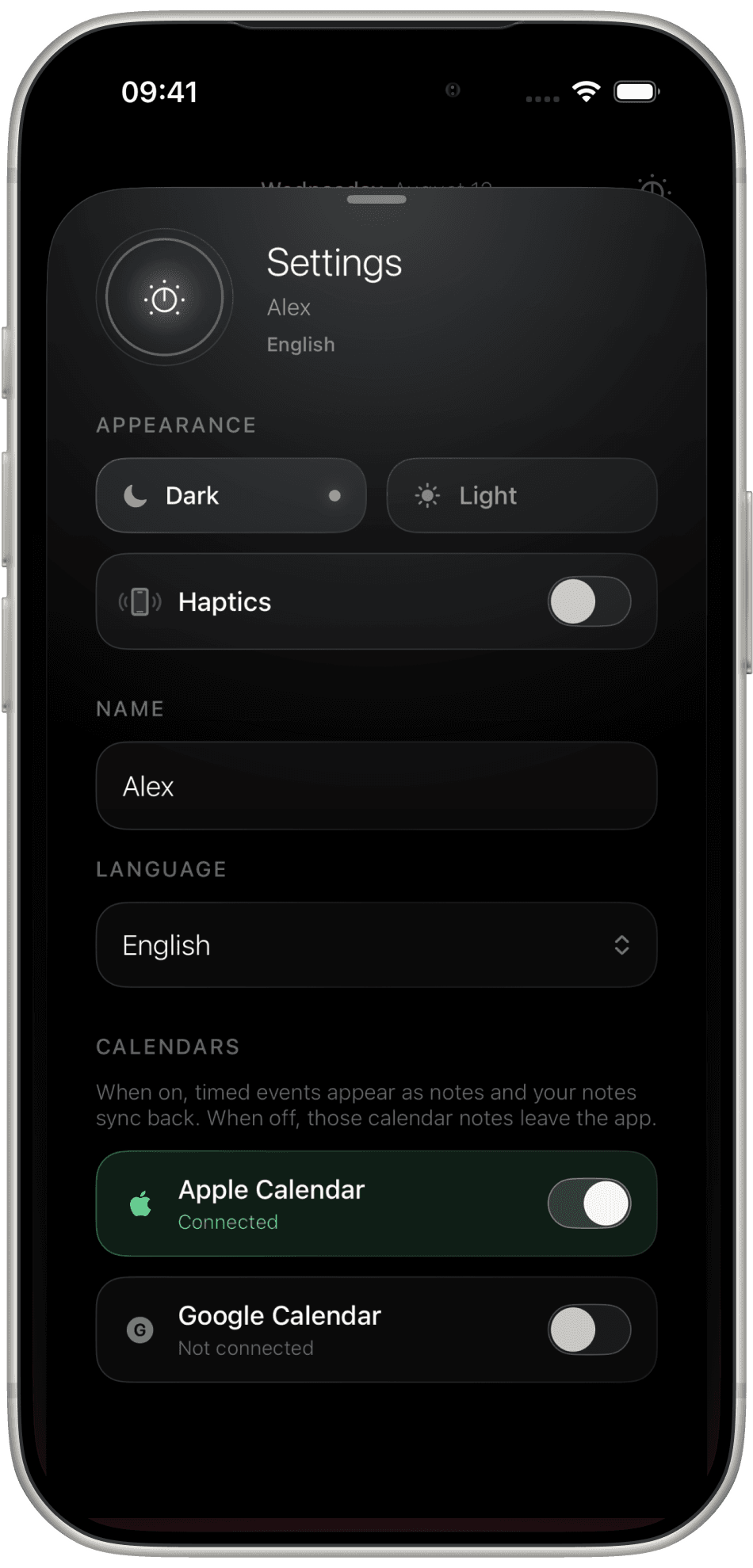 Calendro Settings with Dark or Light, Haptics, language, and Apple and Google Calendar