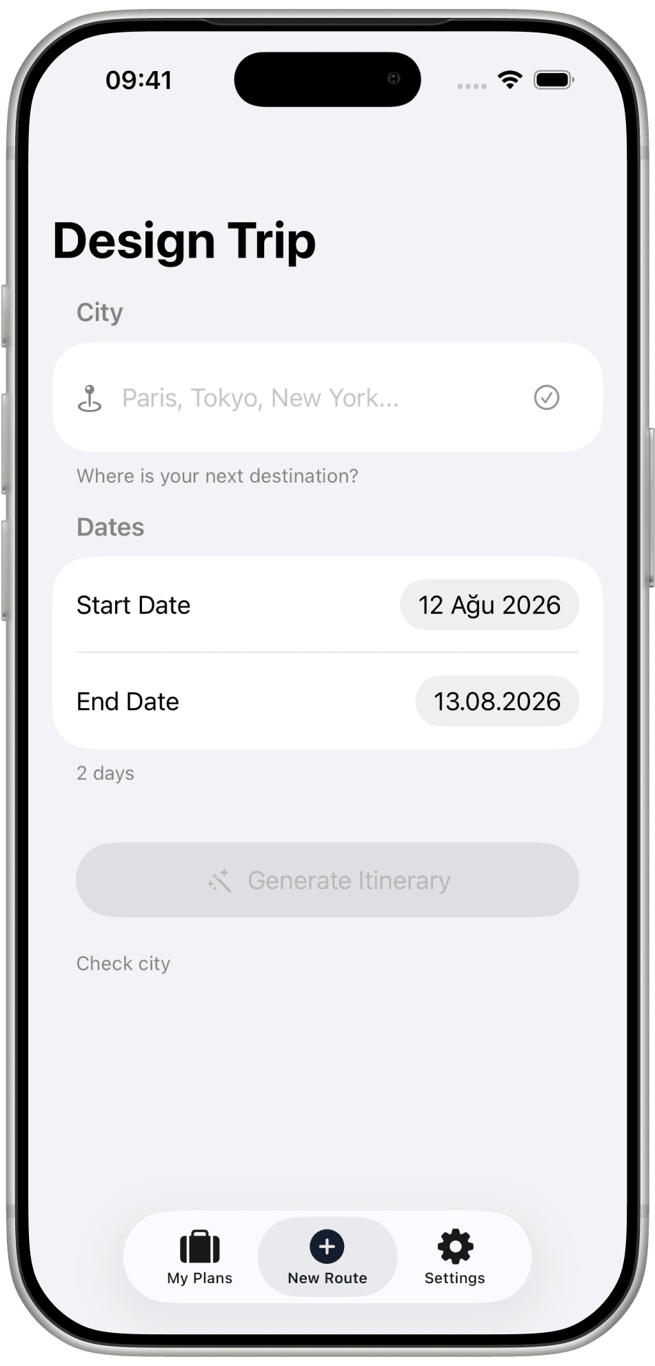 Journi Design Trip screen with a city field, start and end dates, and Generate Itinerary