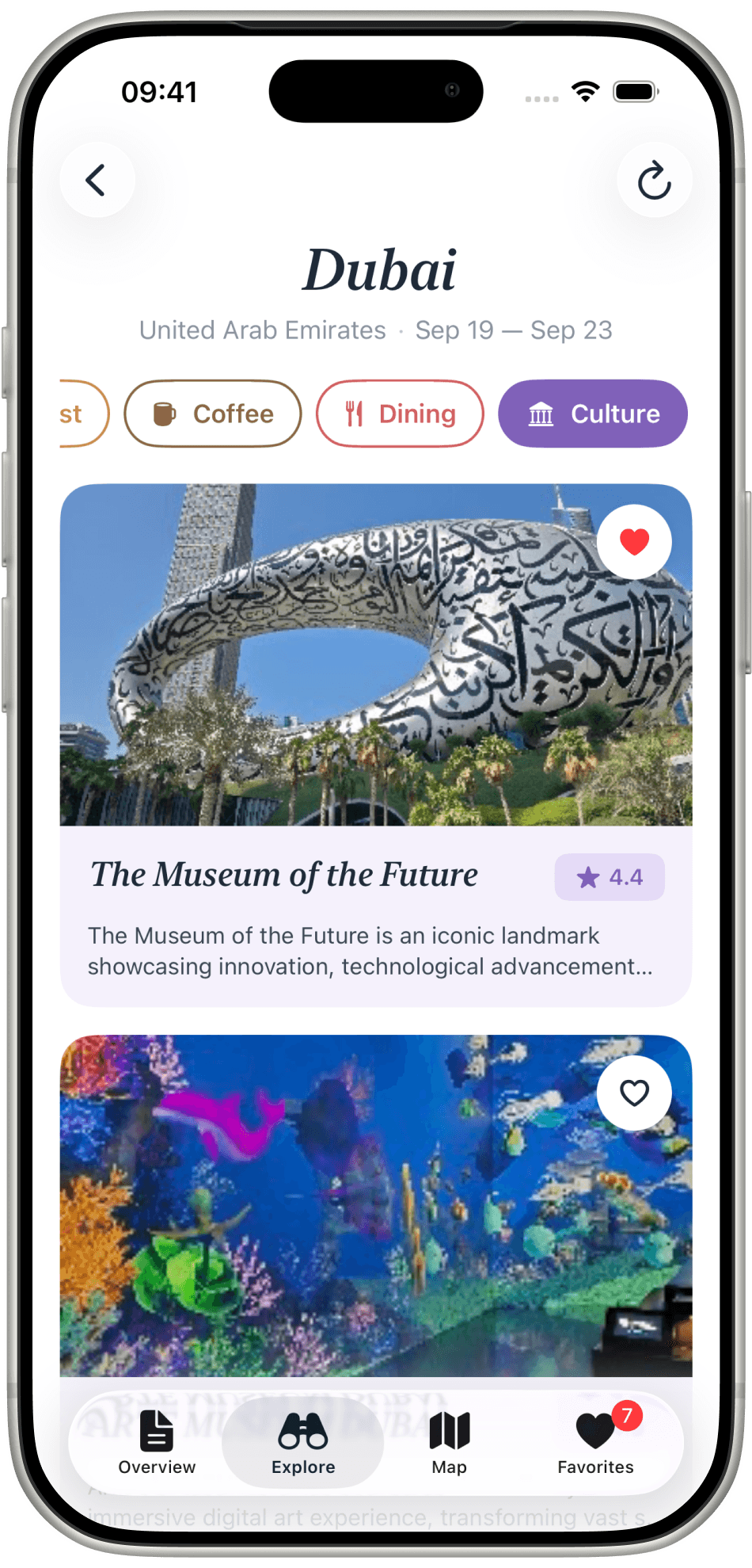 Journi Explore list filtered by Culture, showing The Museum of the Future