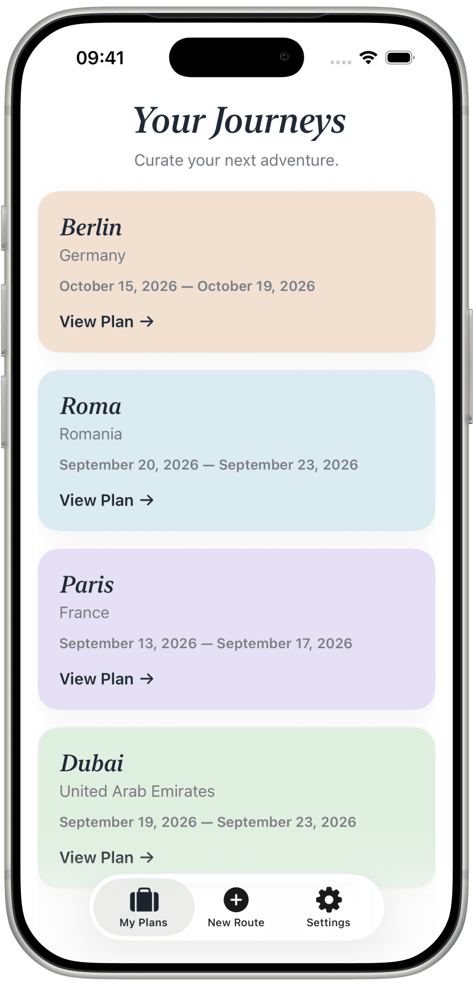 Journi Your Journeys list with Berlin, Roma, Paris, and Dubai