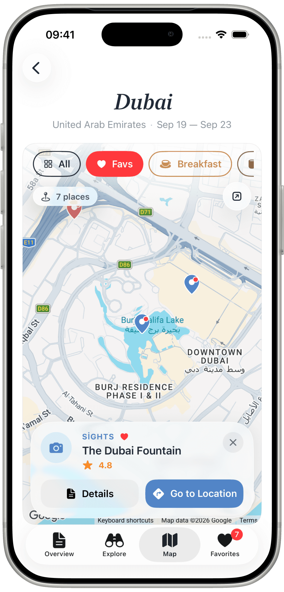 Journi map with a card open for The Dubai Fountain, rated 4.8