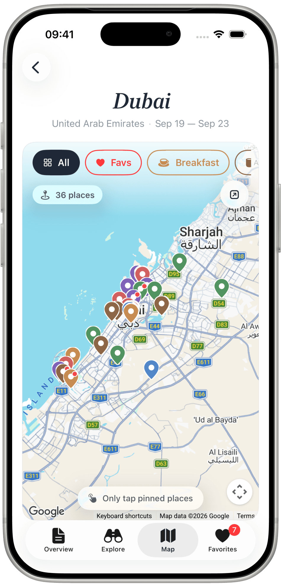 Journi map of Dubai with 36 places pinned and filters for All, Favs, and Breakfast