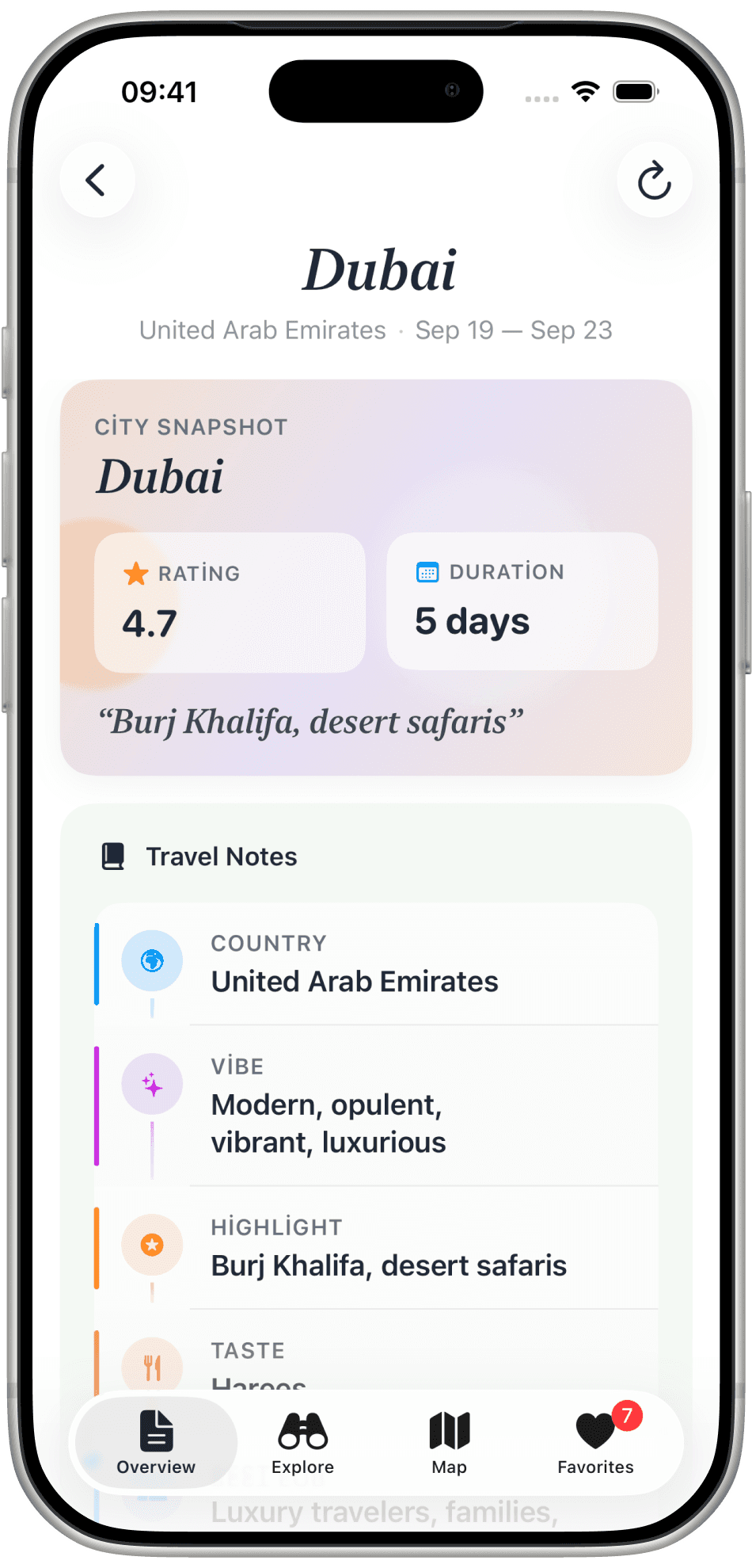 Journi city snapshot for Dubai with a 4.7 rating, 5 days, and travel notes