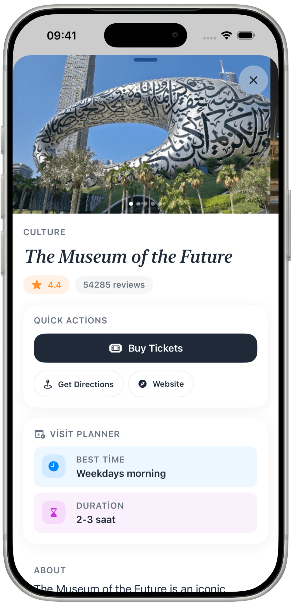 Journi place page for The Museum of the Future with tickets, directions, and visit planner