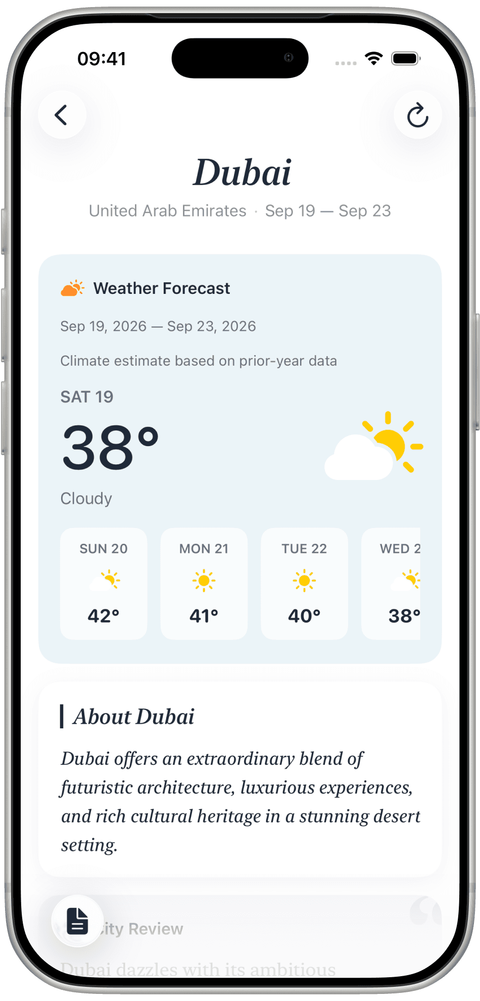 Journi weather forecast for Dubai from 19 to 23 September with daily temperatures