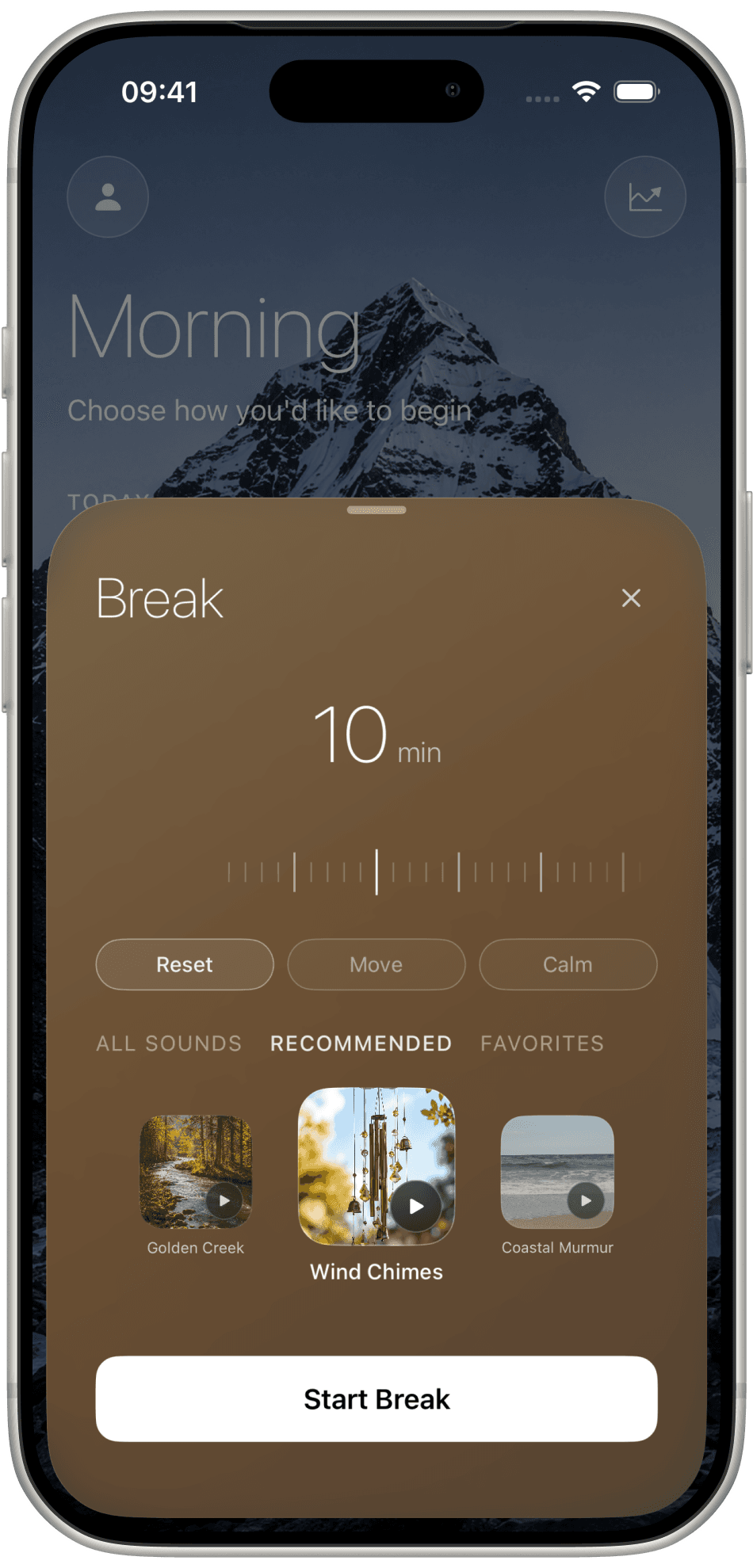 Melioris Break sheet with a 10 minute timer and Reset, Move, and Calm modes