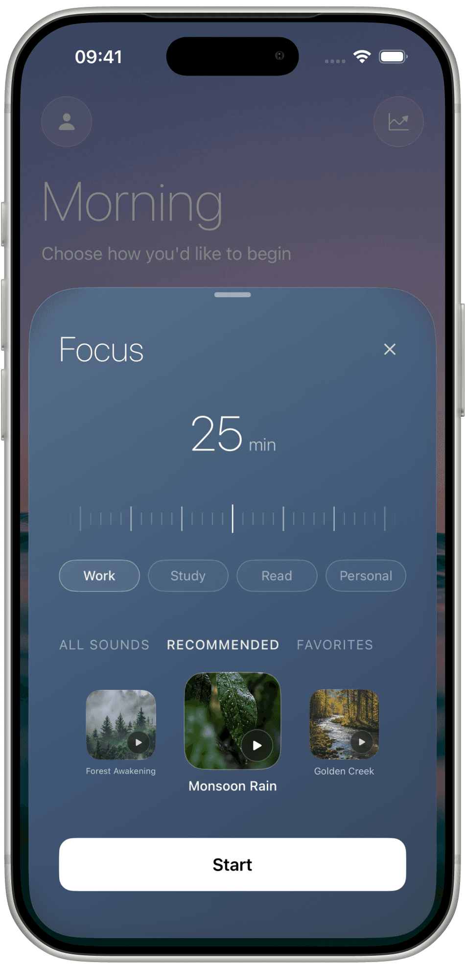 Melioris Focus sheet with a 25 minute timer, Work Study Read Personal, and recommended sounds