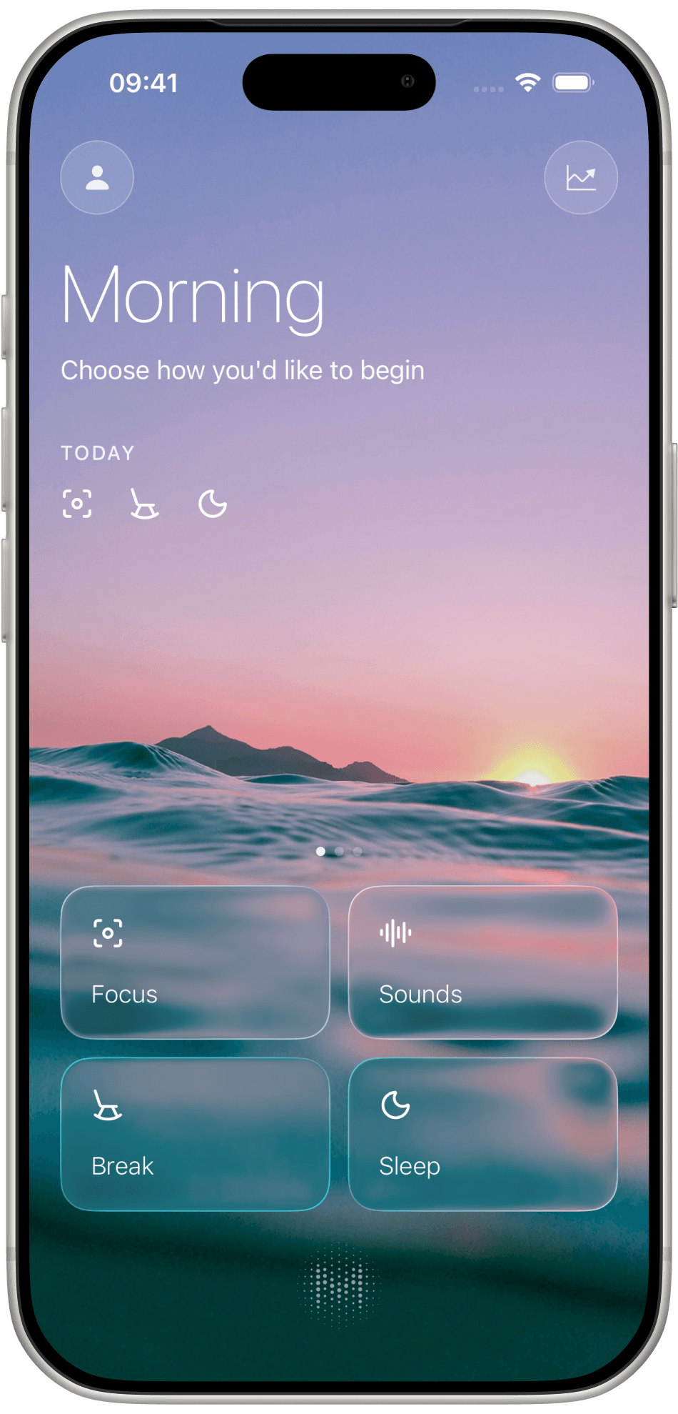 Melioris home screen with Morning greeting and Focus, Sounds, Break, and Sleep tiles