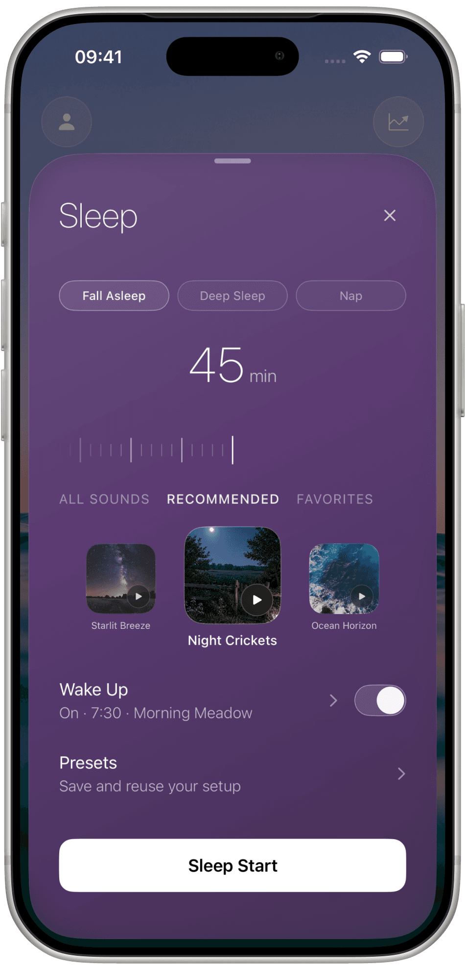 Melioris Sleep sheet with Fall Asleep, Deep Sleep, and Nap, plus a wake-up at 7:30