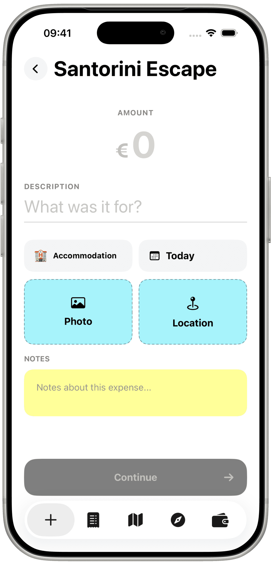 TravelTab add expense screen with amount, description, category, photo, and location