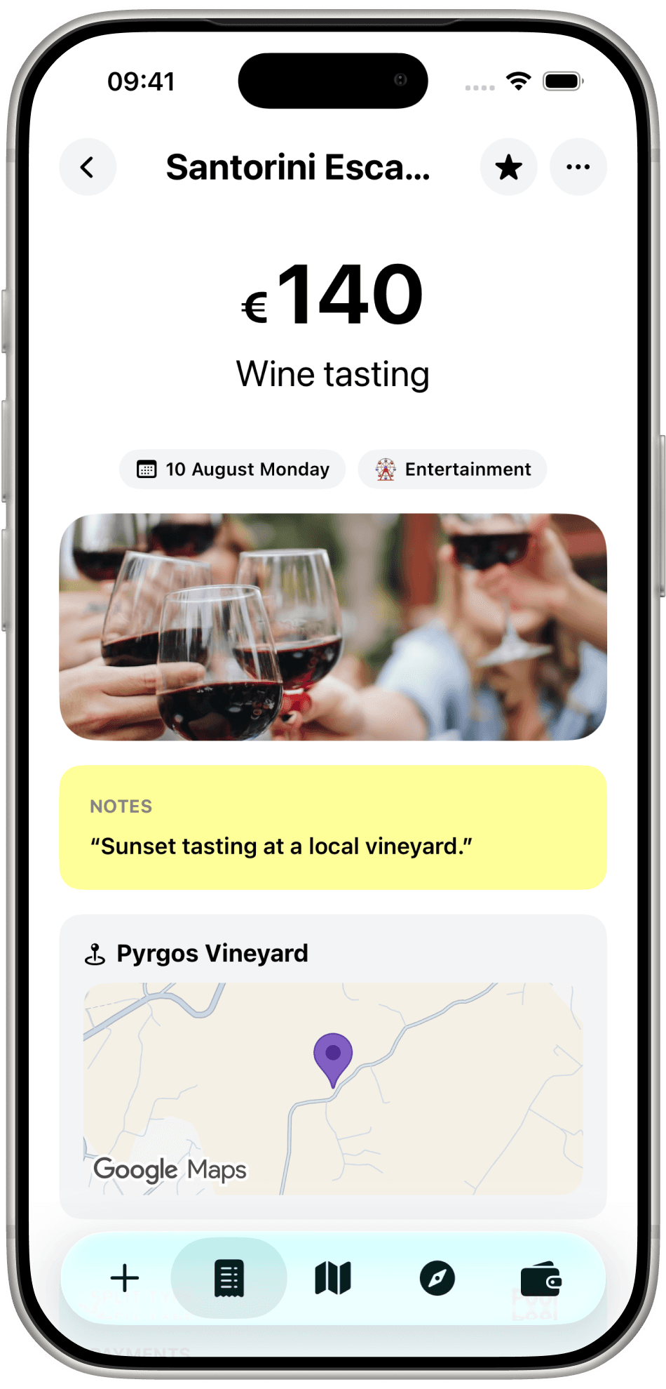 TravelTab expense for a 140€ wine tasting with a photo, a note, and Pyrgos Vineyard