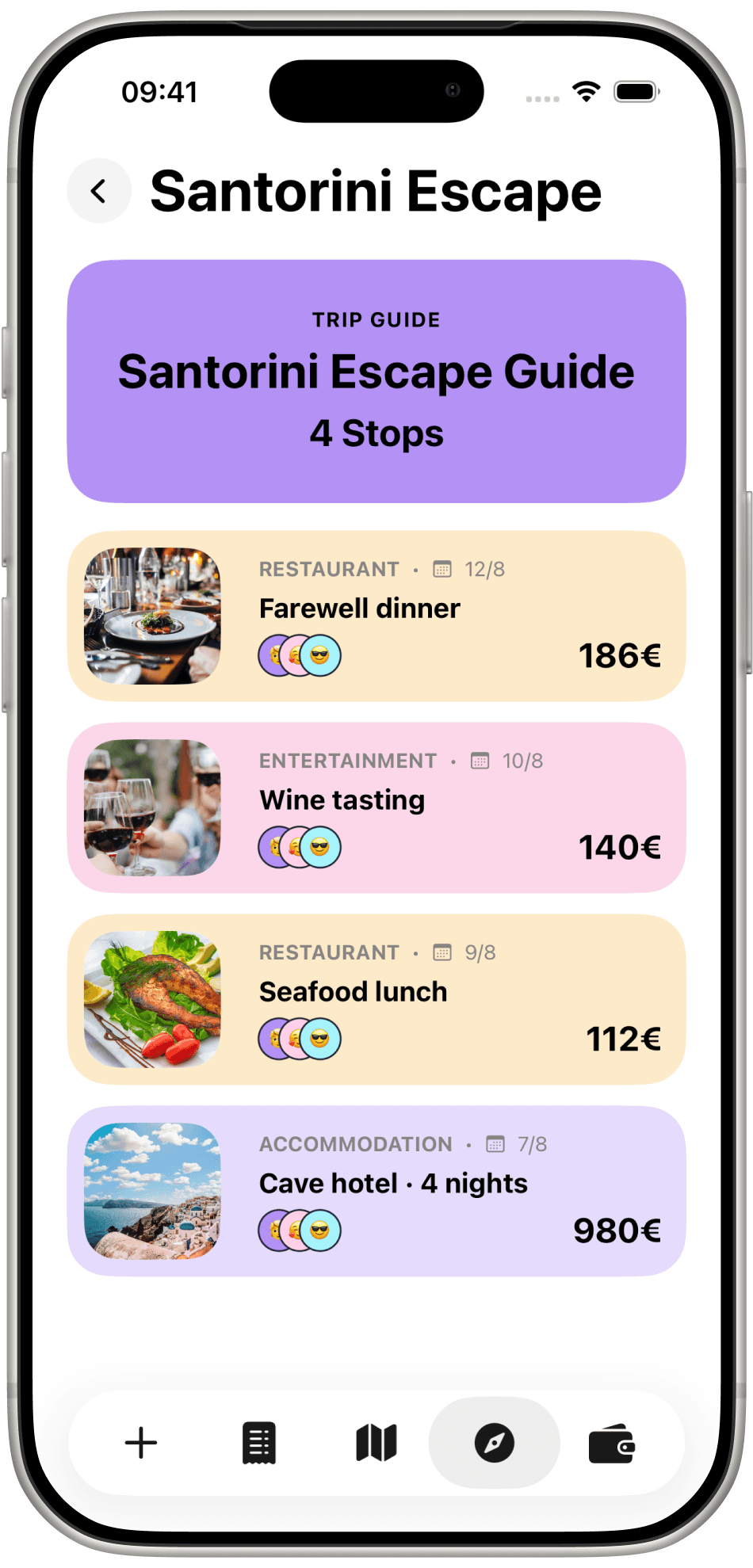 TravelTab trip guide listing four stops including dinner, wine tasting, and a cave hotel