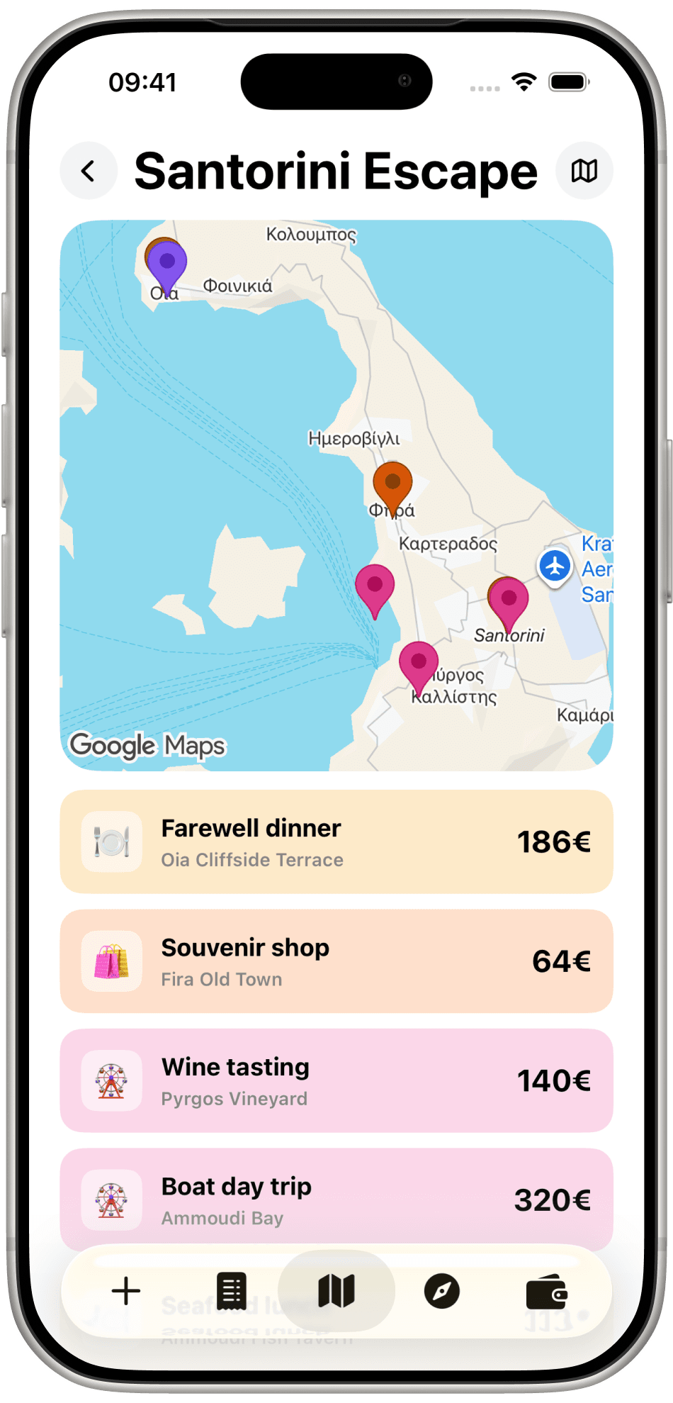 TravelTab map of Santorini with expenses pinned at Oia, Fira, and Pyrgos