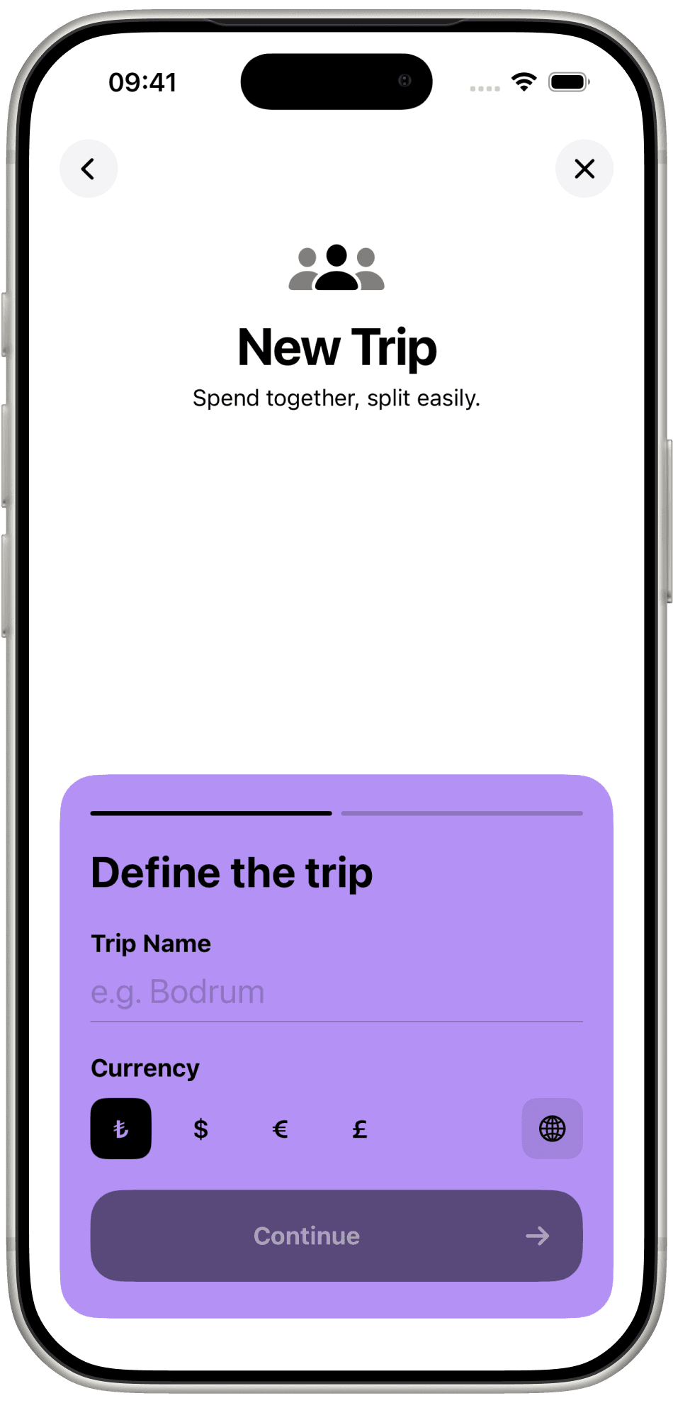 TravelTab New Trip screen to name the trip and choose a currency