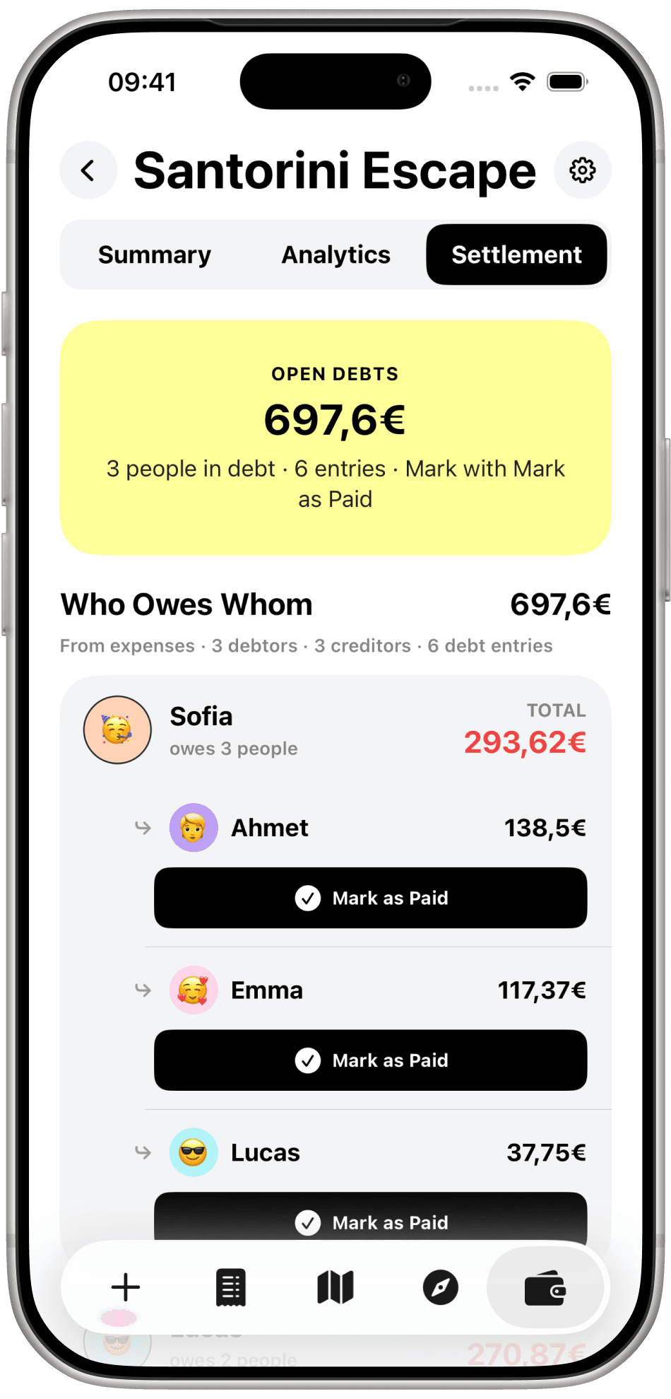 TravelTab settlement showing open debts and who owes whom, with Mark as Paid