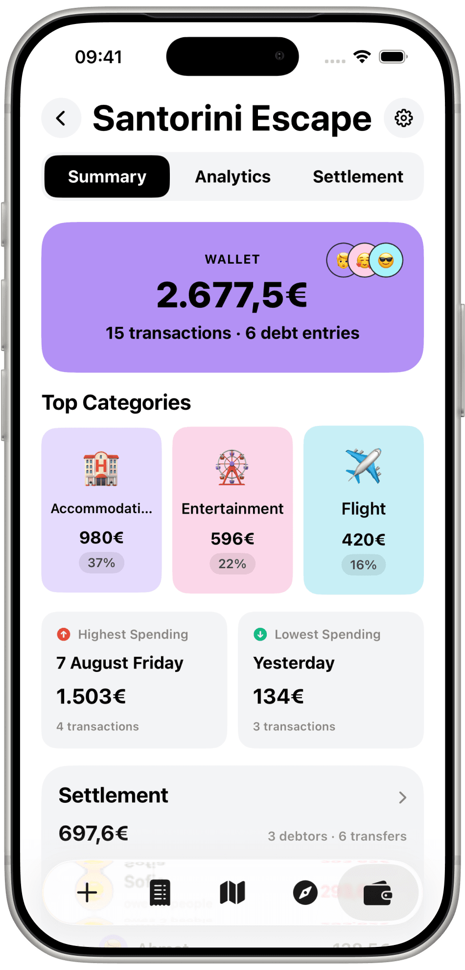TravelTab wallet summary with top categories and highest and lowest spending days