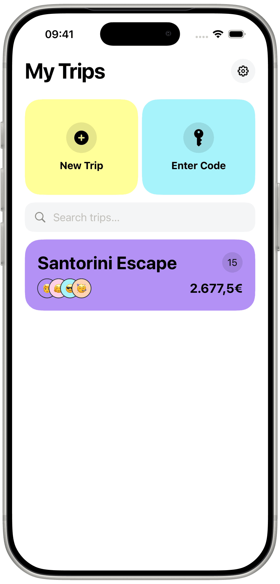 TravelTab My Trips with New Trip, Enter Code, and a Santorini Escape card