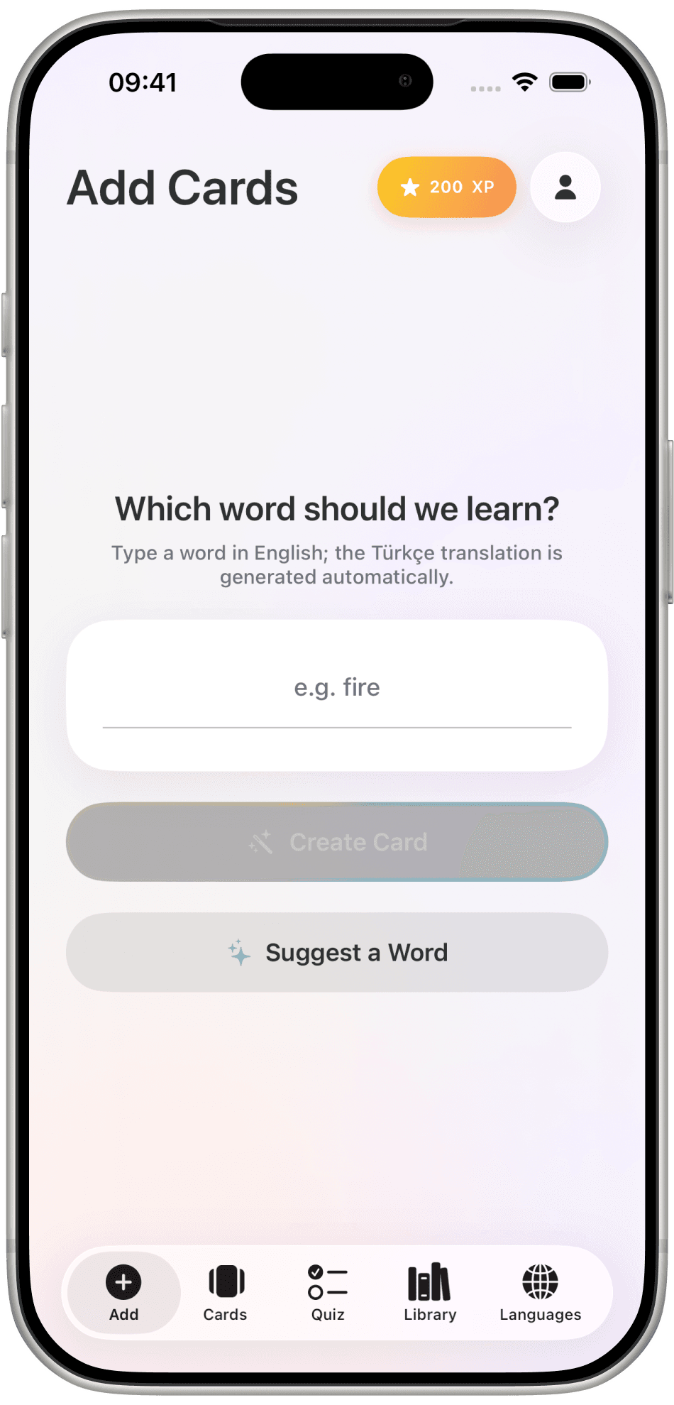 Word Flip Add Cards screen asking which word to learn, with Create Card and Suggest a Word