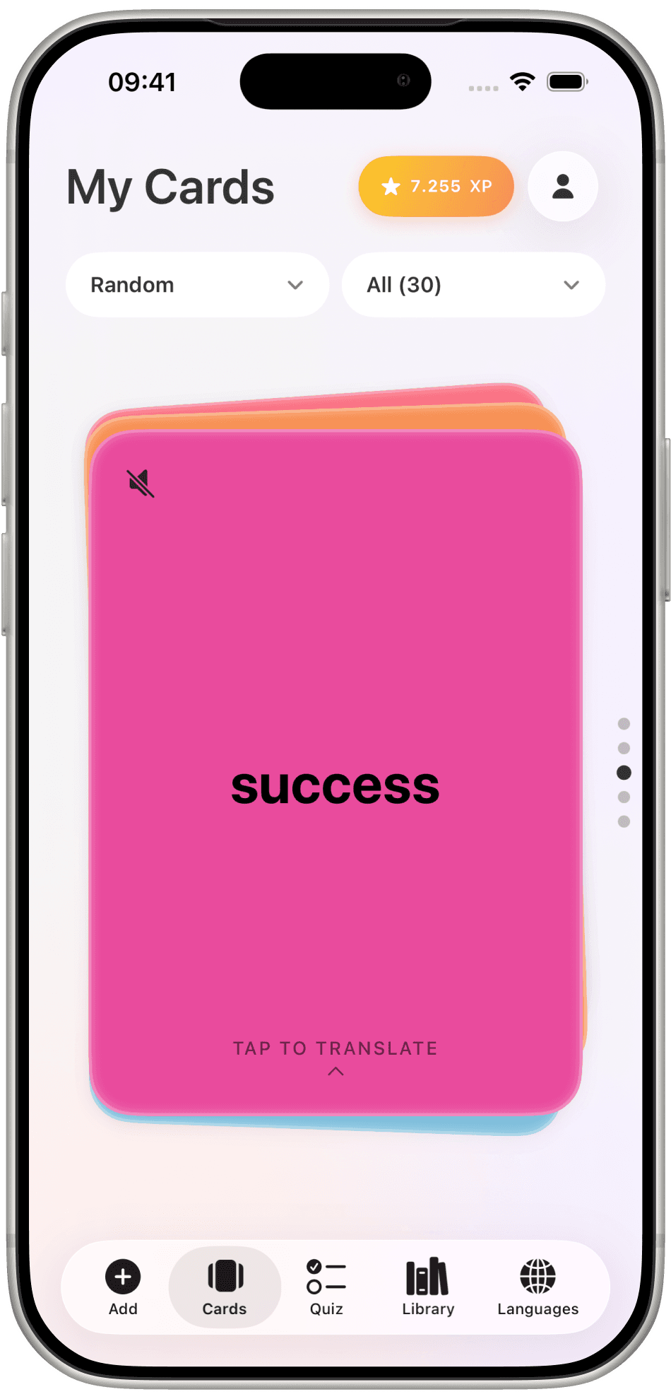Word Flip My Cards stack with the word success and Tap to translate