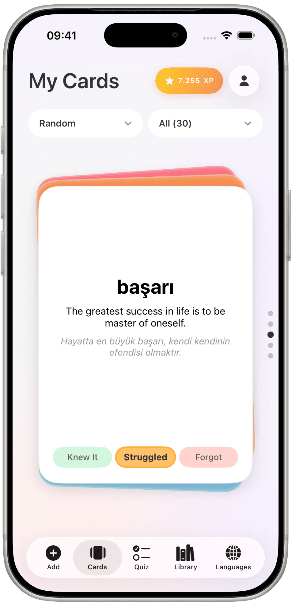 Word Flip card flipped to başarı, with a sentence and Knew It, Struggled, or Forgot