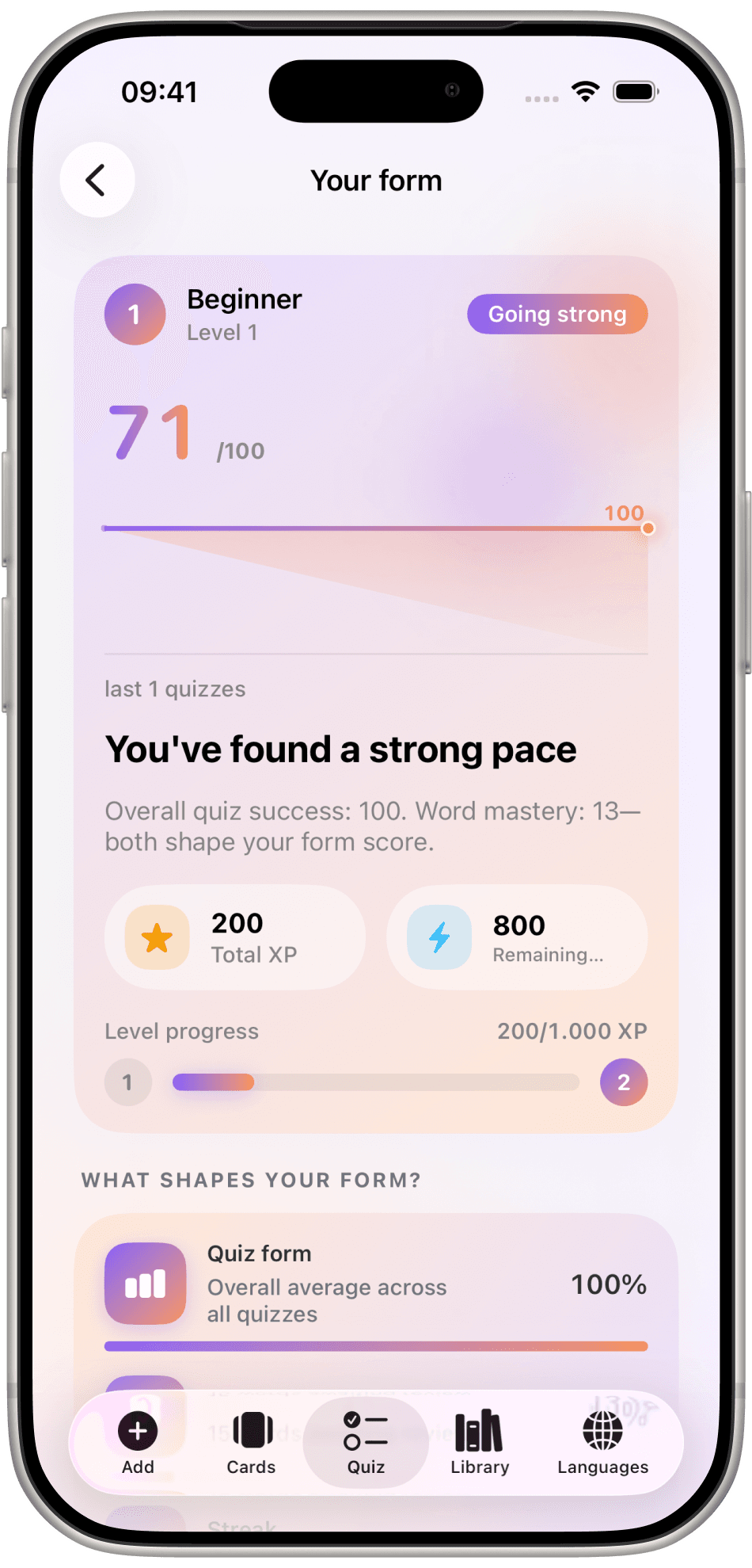 Word Flip Your form screen with Level 1, a 71 of 100 score, and XP toward the next level