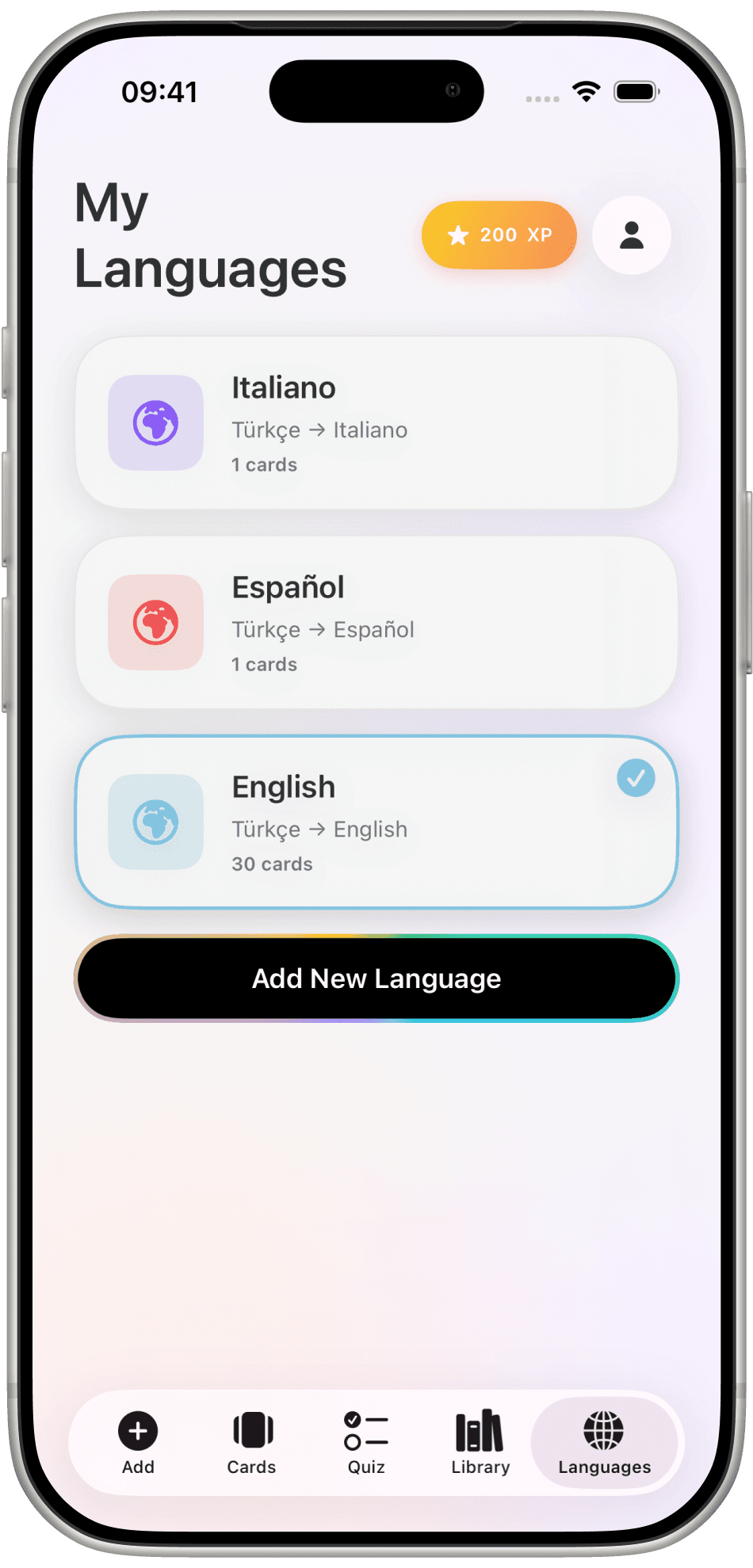 Word Flip My Languages with Italiano, Español, and English, English selected with 30 cards