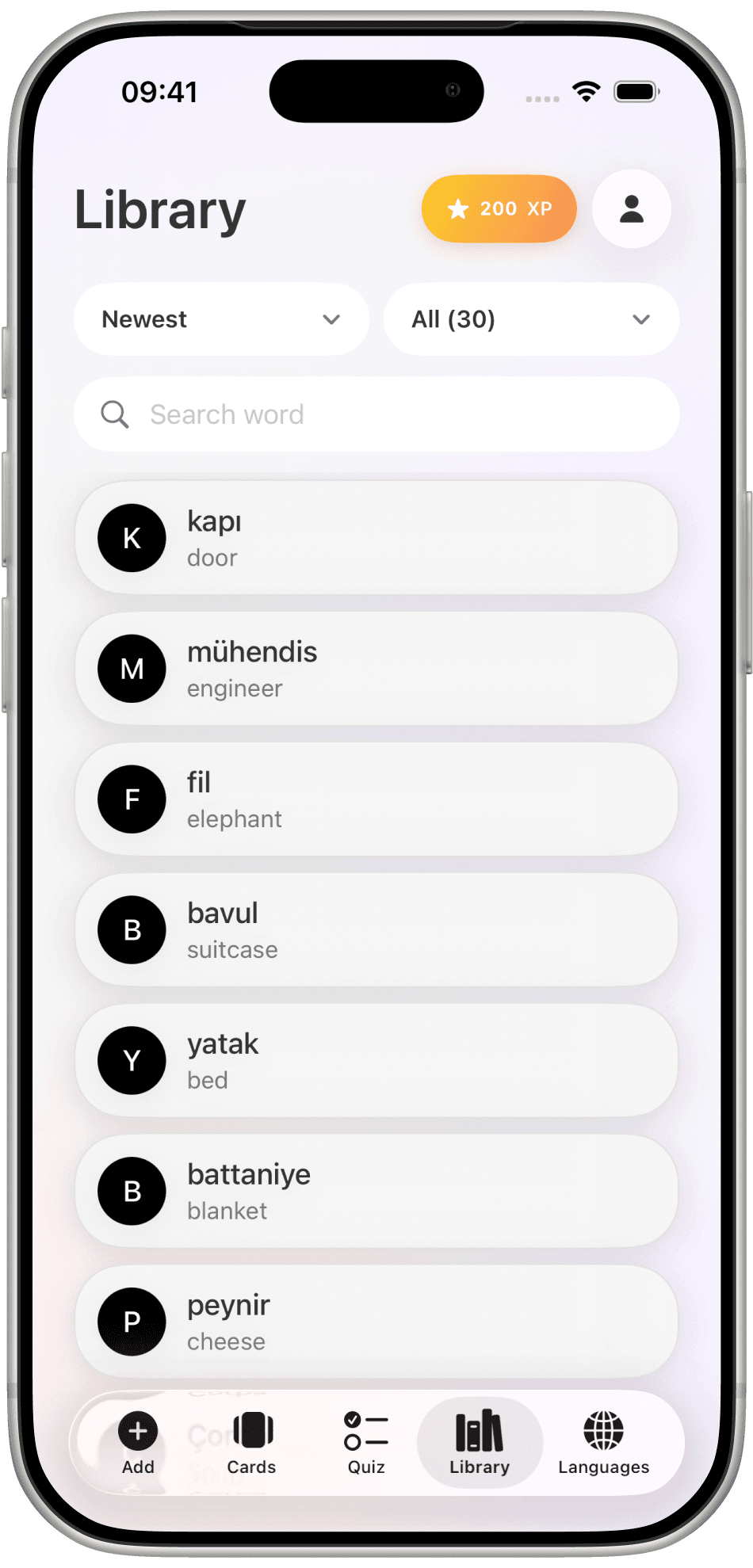 Word Flip Library listing saved words such as kapı, mühendis, and fil with translations