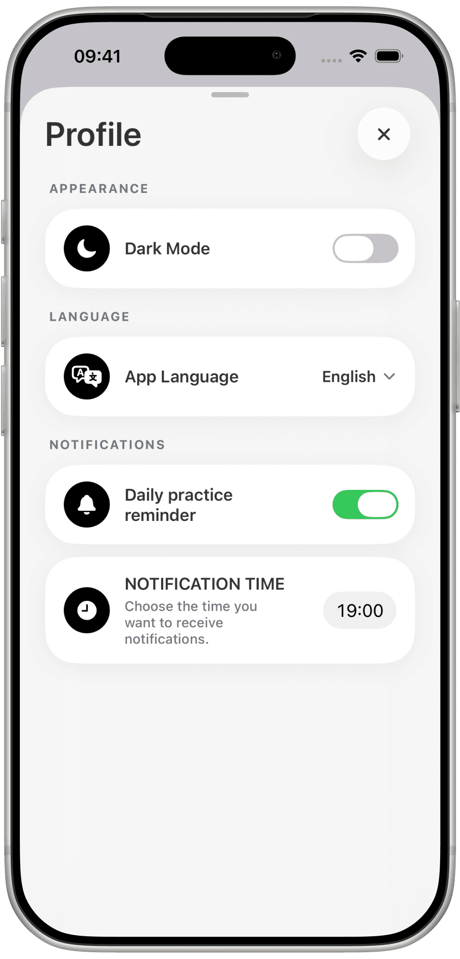 Word Flip Profile with Dark Mode, app language, and a daily practice reminder at 19:00