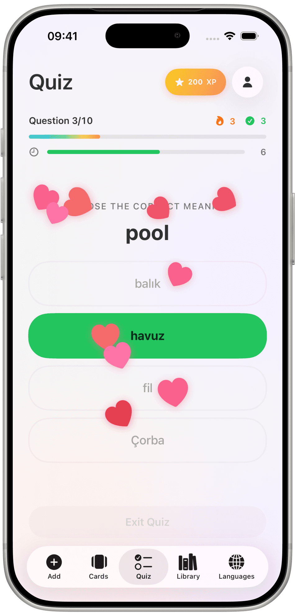 Word Flip quiz question asking to choose the meaning of pool