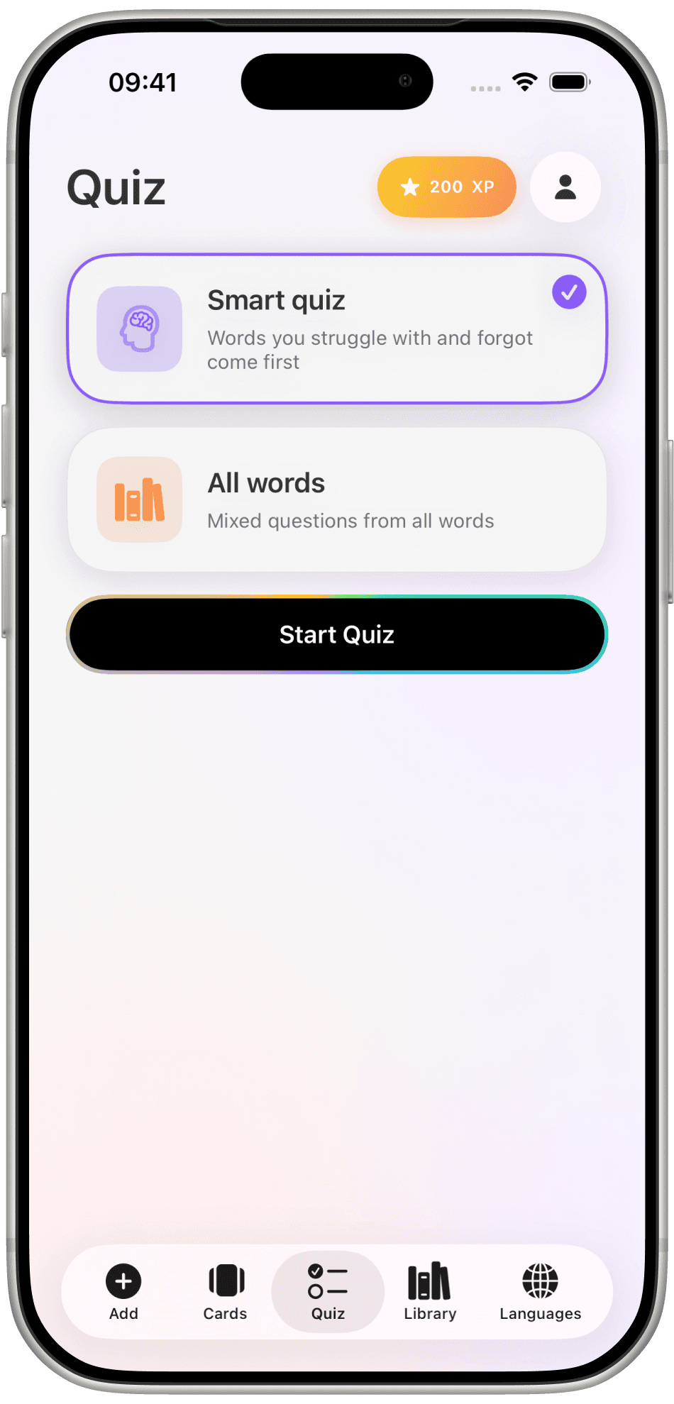 Word Flip Quiz setup with Smart quiz and All words